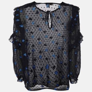 maje black dotted embroidered crepe ruffled top l