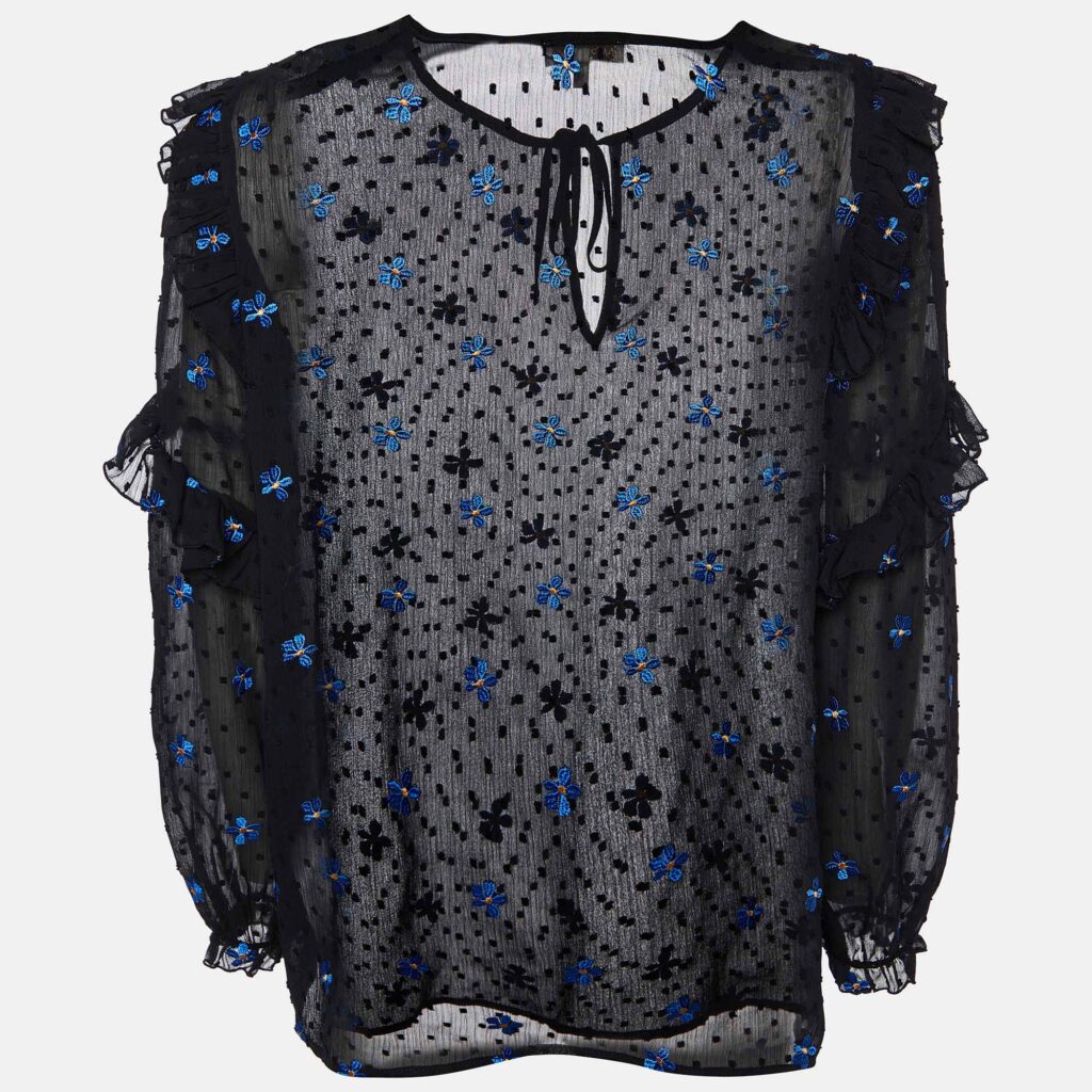 luxury-women-maje-used-clothes-p1003321-002.jpg Maje Black Dotted Embroidered Crepe Ruffled Top L