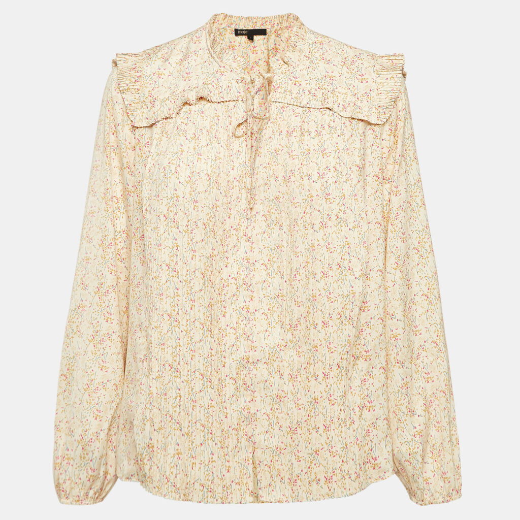 luxury-women-maje-used-clothes-p1033363-001.jpg Maje Beige Printed Crepe Plisse Detail Top M