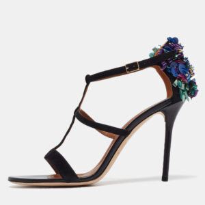 malone souliers black suede floral embellished ankle strap sandals size 41