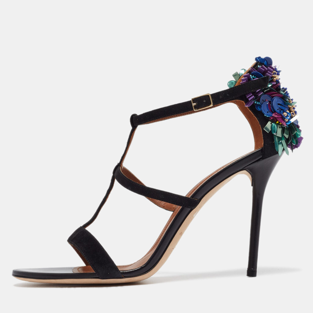 luxury-women-malone-souliers-used-shoes-p1002052-001.jpg Malone Souliers Black Suede Floral Embellished Ankle Strap Sandals Size 41