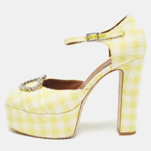 malone souliers yellow/white fabric crystal embellished ankle strap sandals size 40