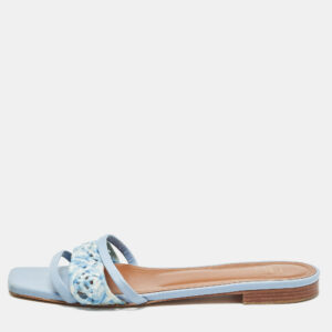 malone souliers blue leather and canvas macrame napa flat slides size 40