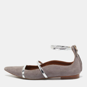 malone souliers grey/silver suede and leather ankle strap ballet flats size 39.5