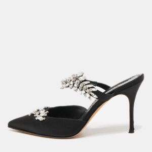 manolo blahnik black satin crystal embellished lurum mules size 40