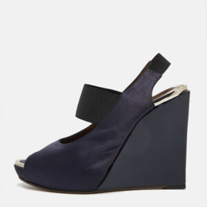 marni navy blue satin slingback wedge sandals size 38.5