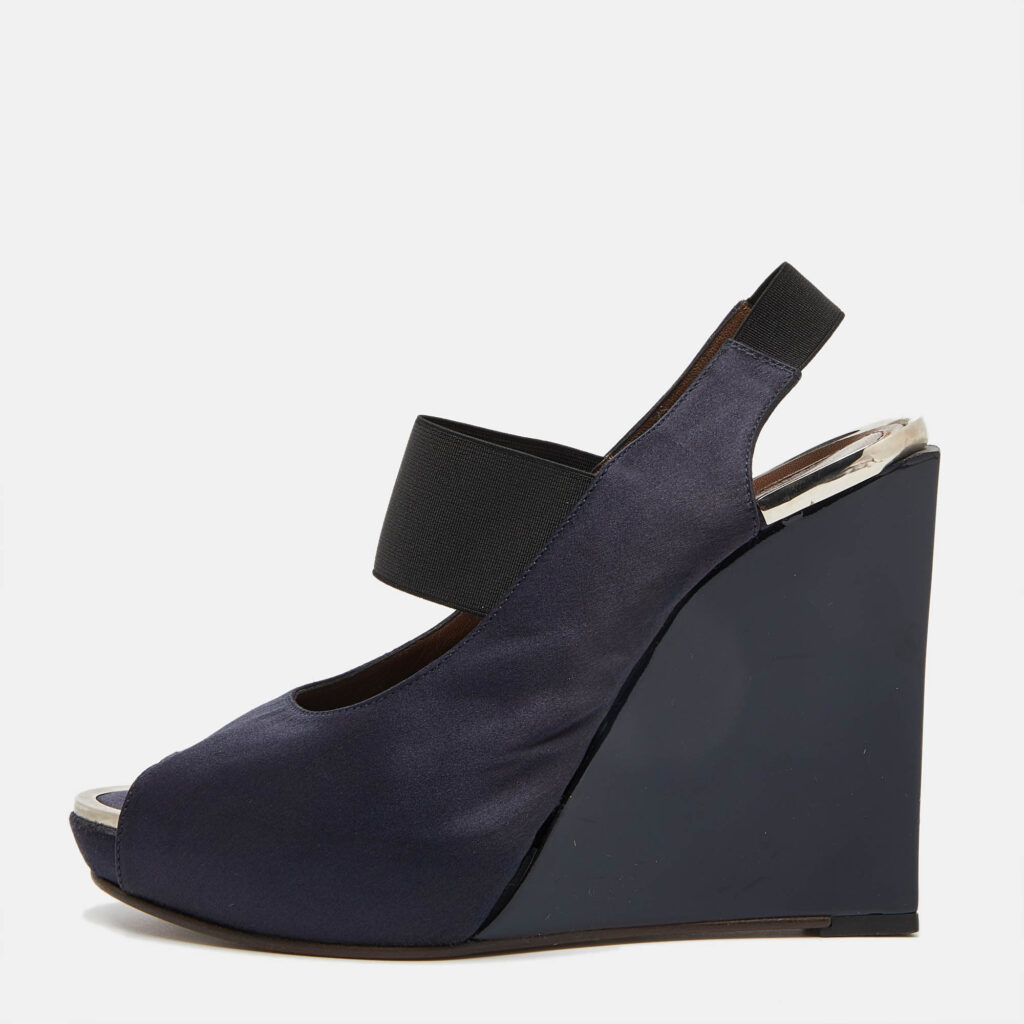 luxury-women-marni-used-shoes-p1000817-009.jpg Marni Navy Blue Satin Slingback Wedge Sandals Size 38.5