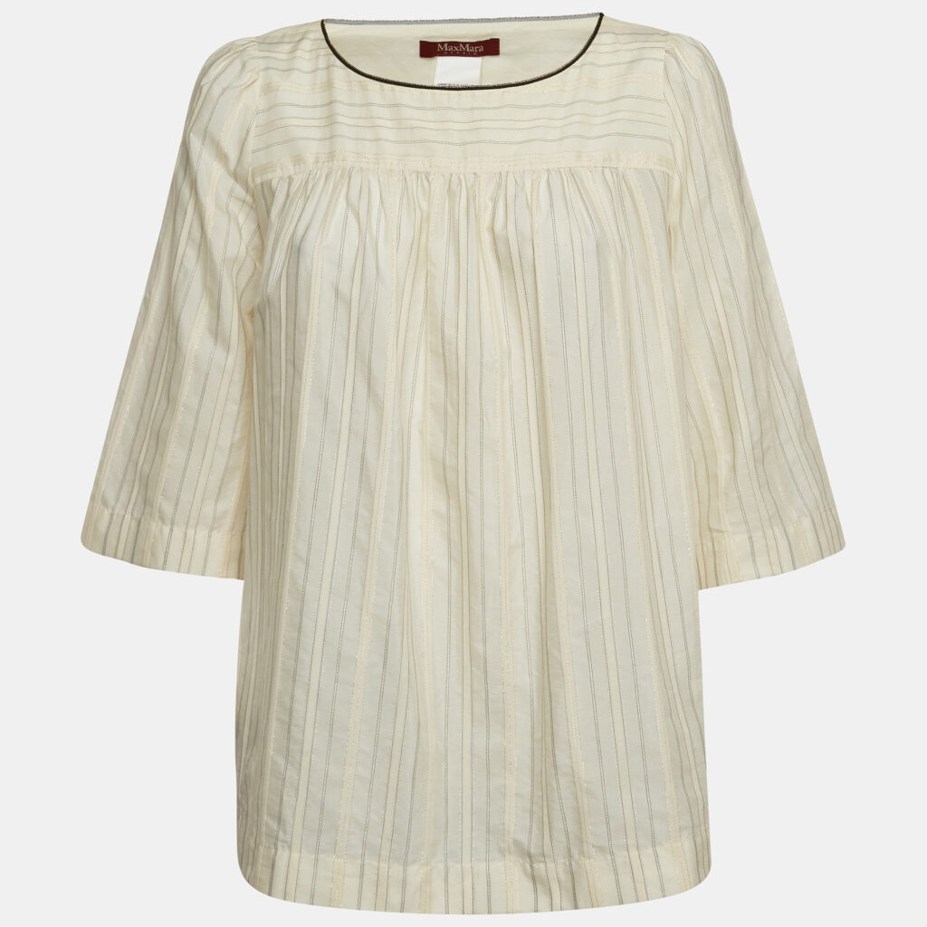 Max Mara Cream Lurex Stripe Cotton Blend Blouse S