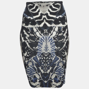 mcq by alexander mcqueen blue beetle print crepe pencil skirt xs