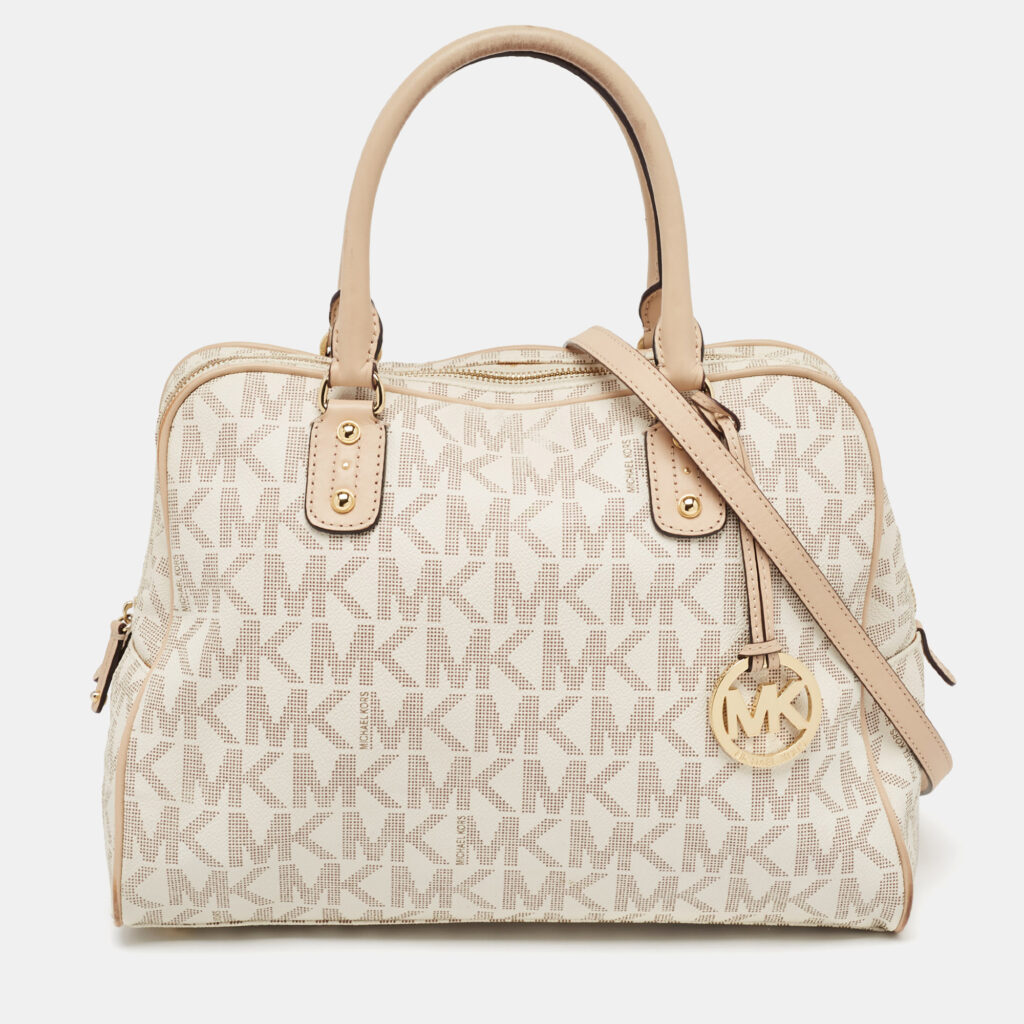 luxury-women-michael-kors-used-handbags-p1003414-010.jpg Michael Kors Beige/White Signature Coated Canvas and Leather Charm Satchel