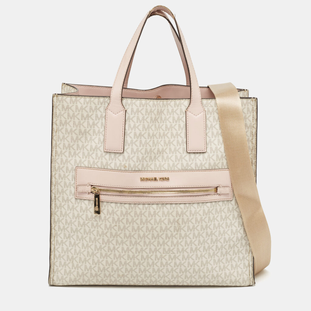 luxury-women-michael-kors-used-handbags-p1003655-014.jpg Michael Kors Off White/Pink Signature Coated Canvas Large Kenly Tote
