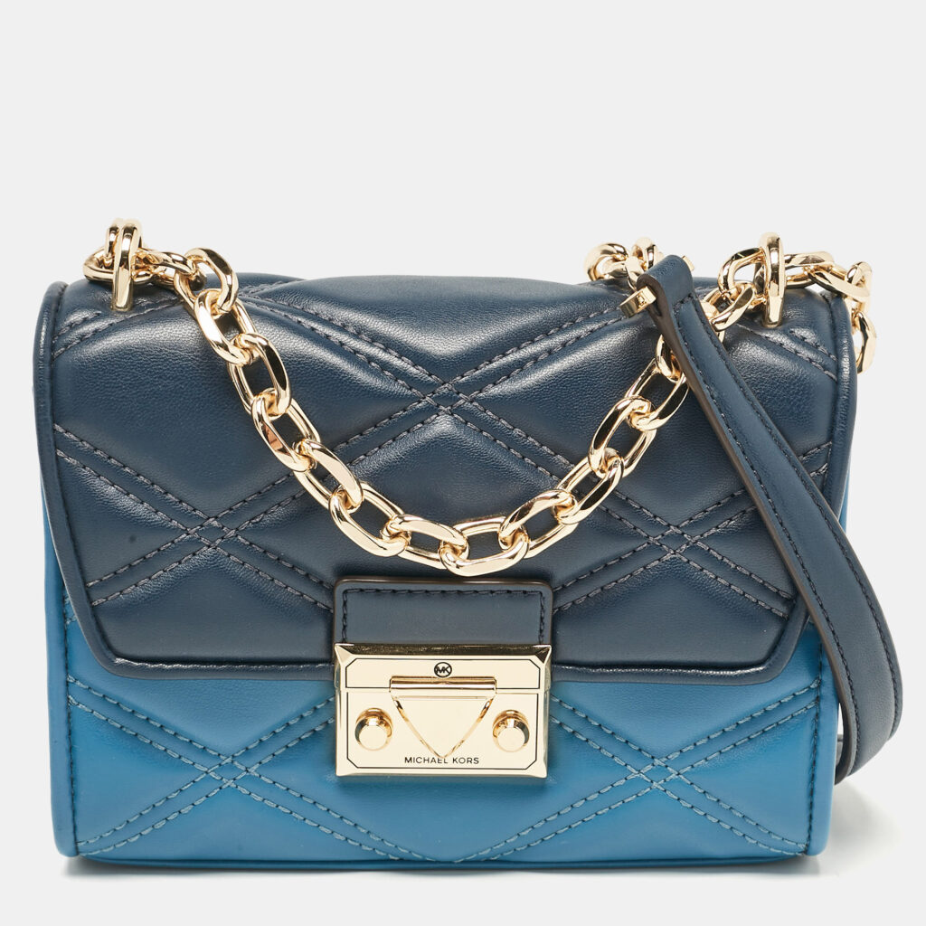 Michael Kors Two Tone Blue Quilted Faux Leather Small Serena Crossbody Bag
