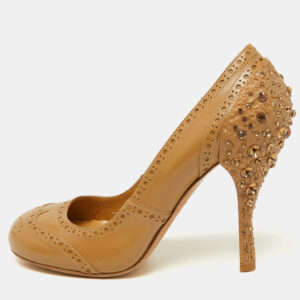 miu miu beige brogue patent leather crystal embellished round toe pumps size 38