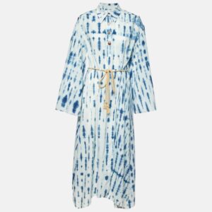 nanushka blue tie-dye print  cotton belted long dress xs
