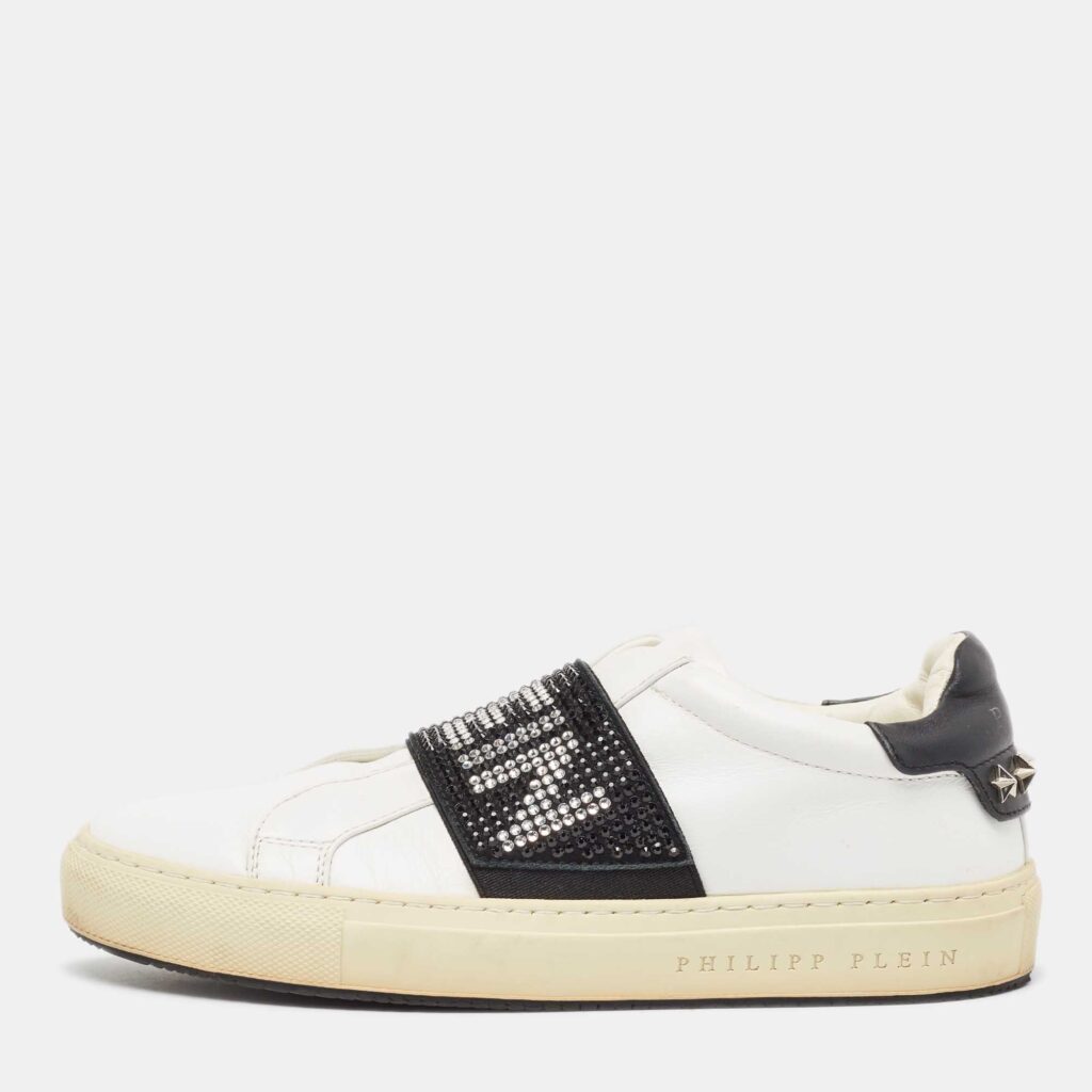 luxury-women-philipp-plein-used-shoes-p1004693-003.jpg Philipp Plein White/Black Leather Crystal Embellished Sneakers Size 35