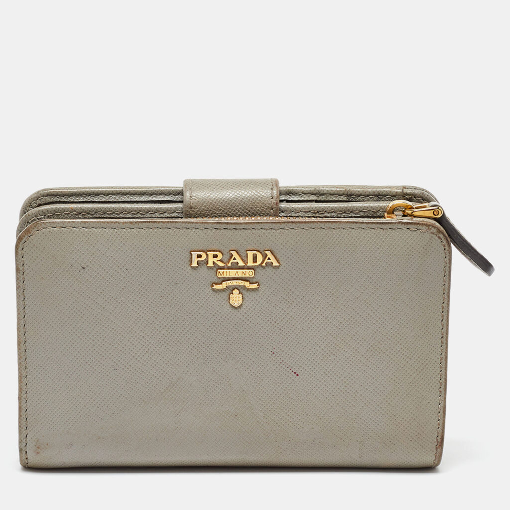 luxury-women-prada-used-handbags-p1033095-006.jpg Prada Grey Saffiano Leather Flap French Wallet