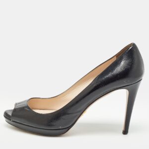 prada black vernice saffiano leather peep toe platform pumps size 37.5