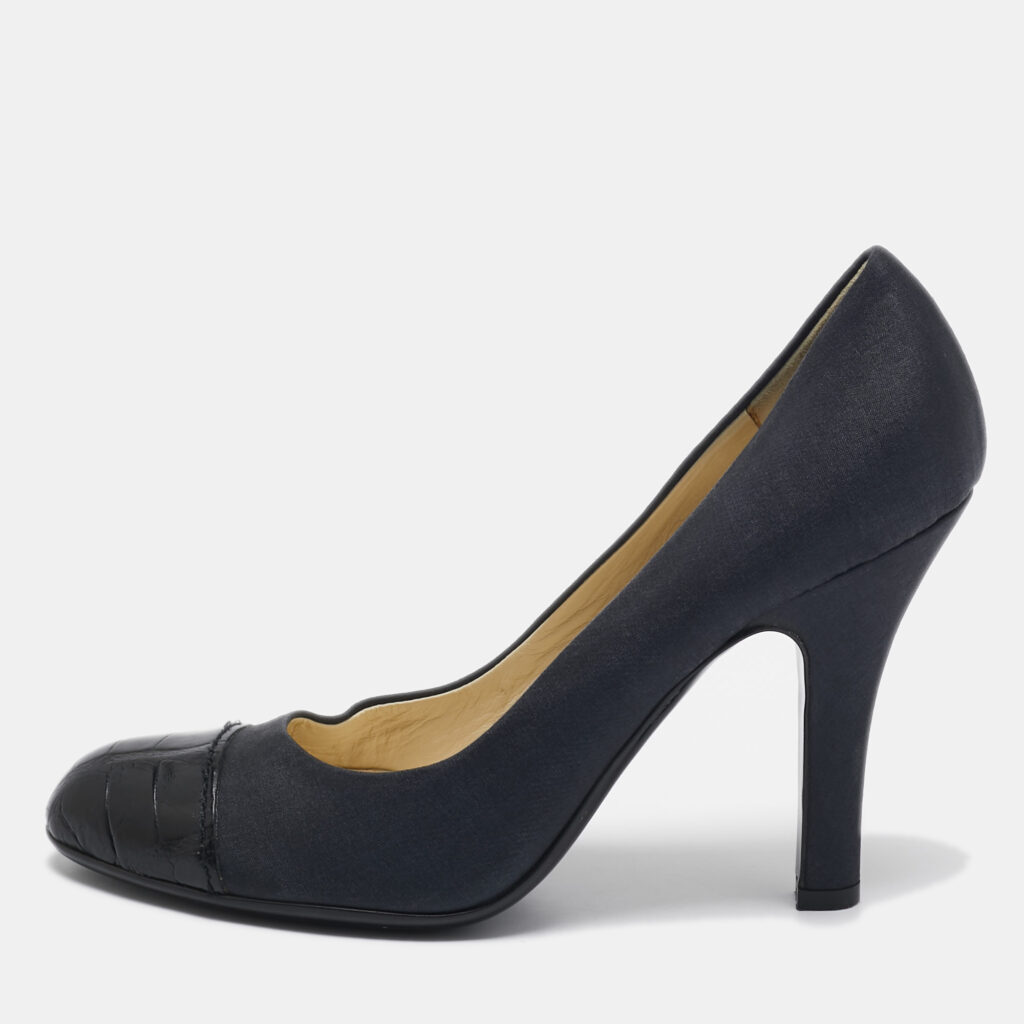 luxury-women-prada-used-shoes-p1009245-001.jpg Prada Dark Grey/Black Satin and Croc Embossed Leather Cap Toe Pumps Size 37