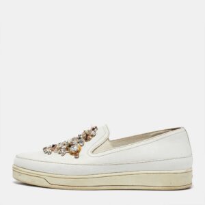 prada white leather crystal embellished slip on sneakers size 36.5