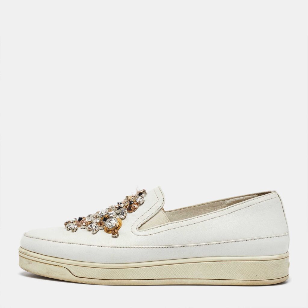 luxury-women-prada-used-shoes-p1020682-003.jpg Prada White Leather Crystal Embellished Slip On Sneakers Size 36.5