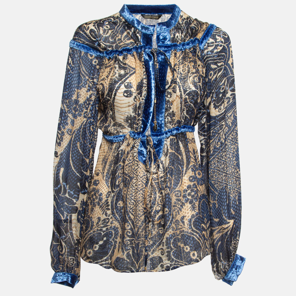 Roberto Cavalli Blue/Brown Printed Velvet Trim Silk Blouse M