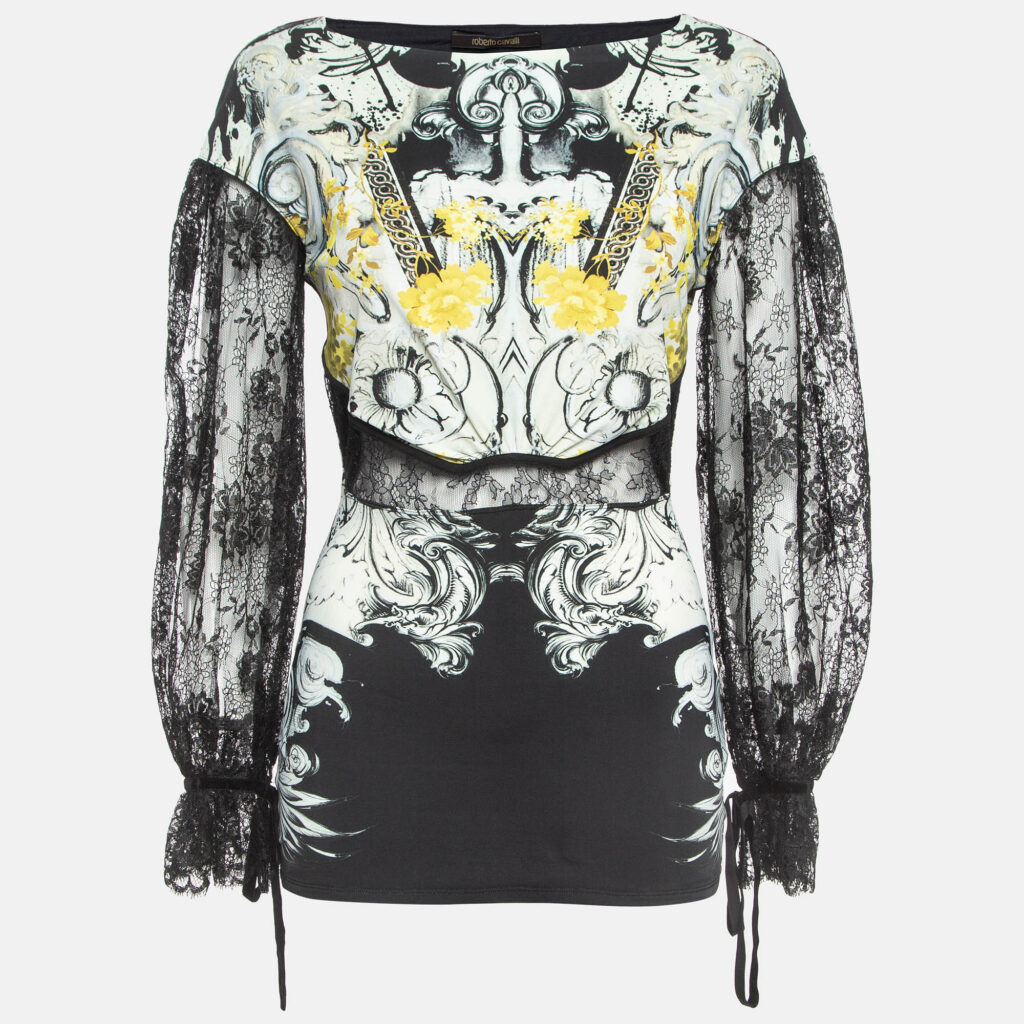 Roberto Cavalli Jersey Multicolor Print Lace Detailed Top M