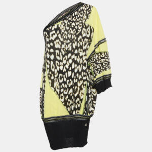 roberto cavalli  yellow printed silk one shoulder top m