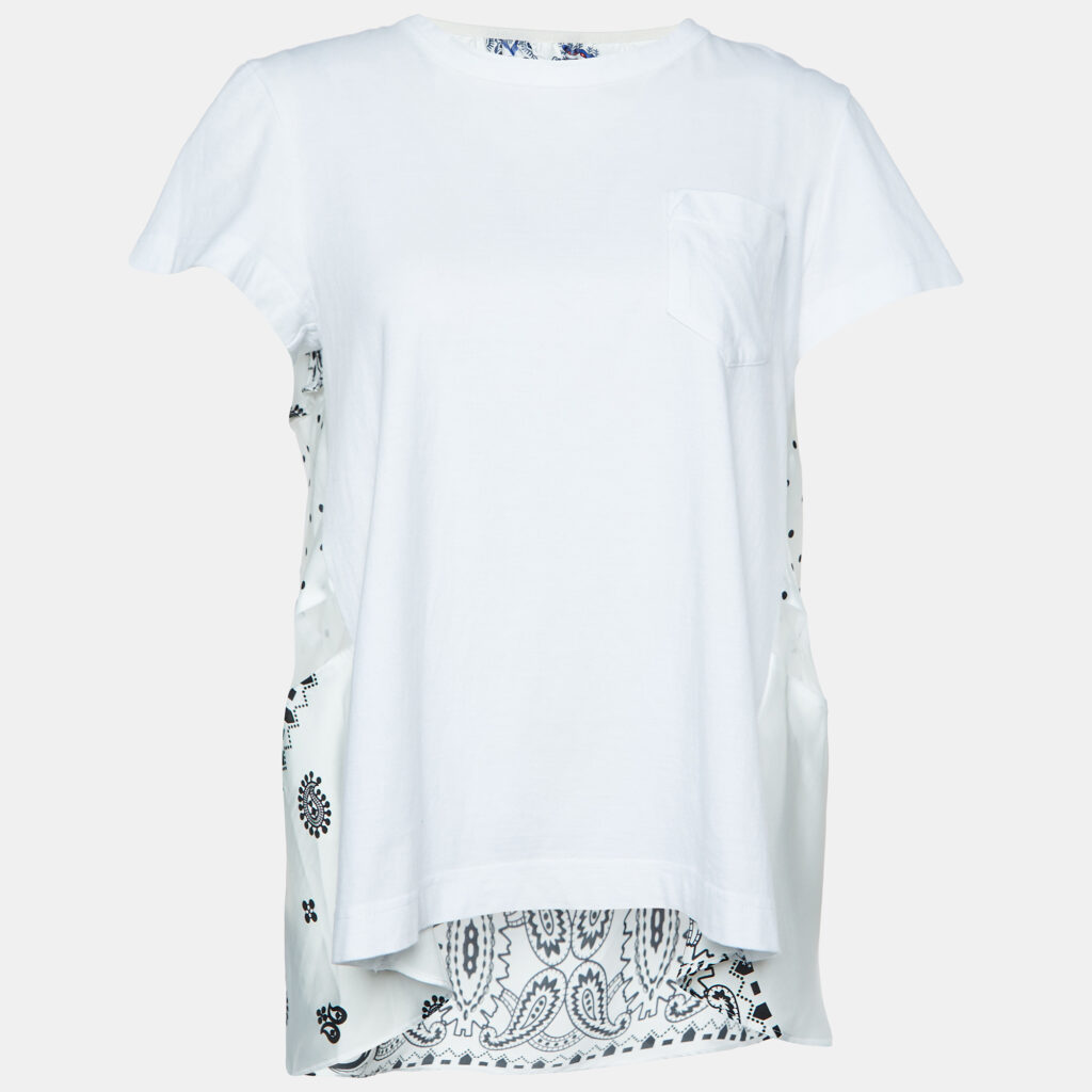 luxury-women-sacai-used-clothes-p1010464-002.jpg Sacai White Cotton & Paneled Satin Flared Top L