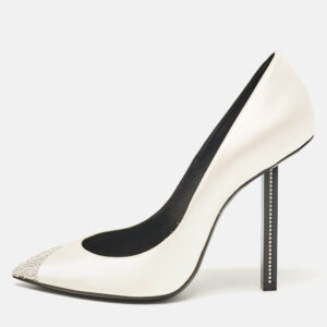 saint laurent grey satin crystal embellished pointed toe pumps size 39