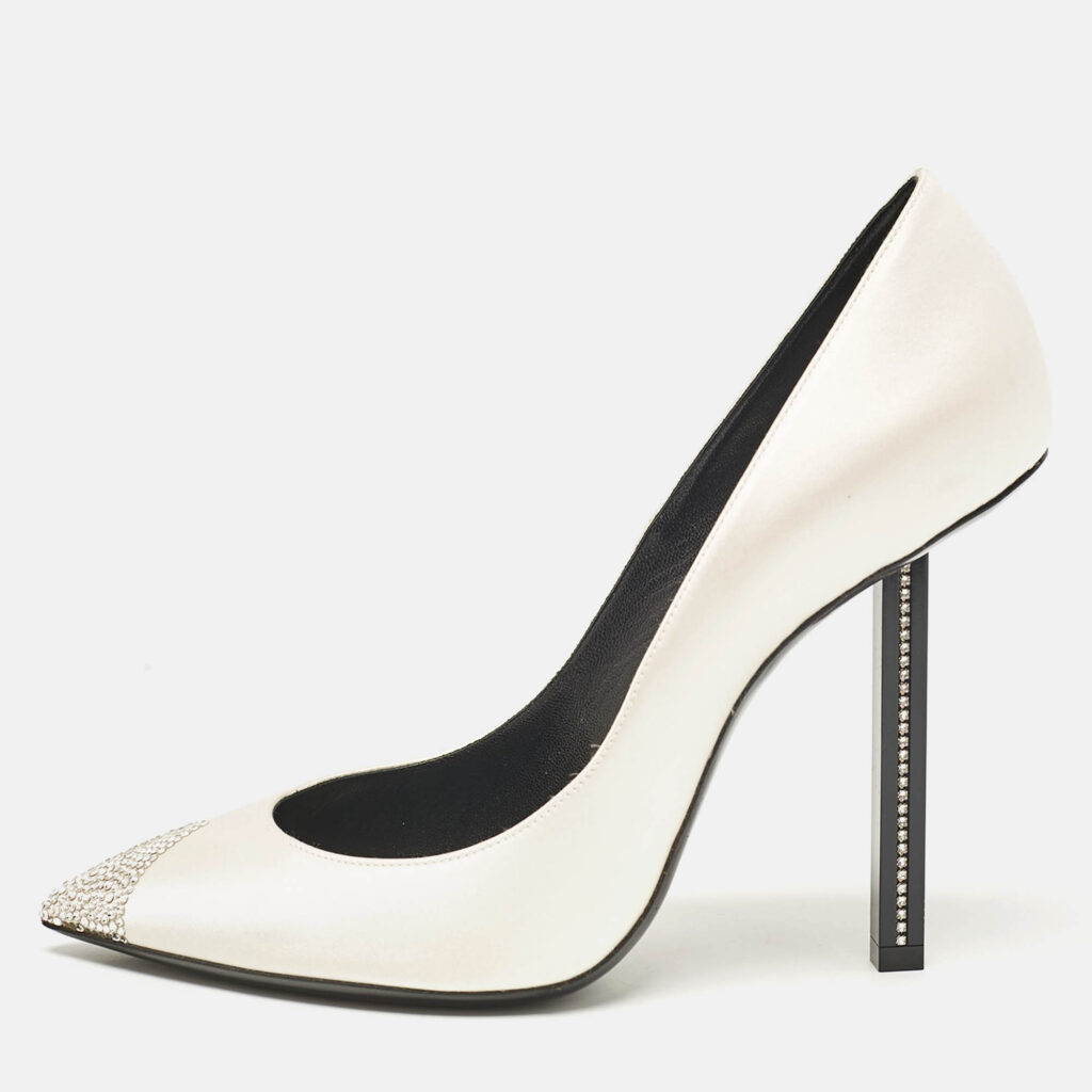 luxury-women-saint-laurent-paris-used-shoes-p1088214-010.jpg Saint Laurent Grey Satin Crystal Embellished Pointed Toe Pumps Size 39