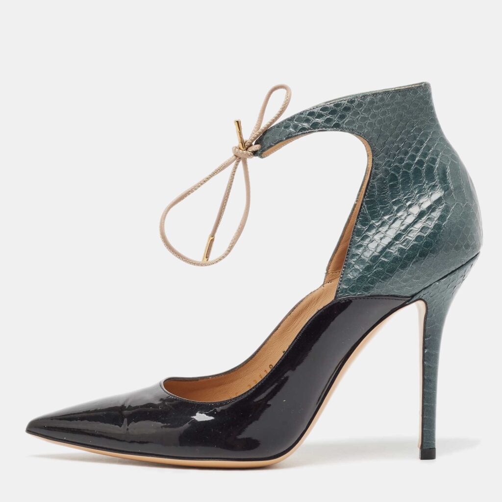 luxury-women-salvatore-ferragamo-used-shoes-p1002147-003.jpg Salvatore Ferragamo Black/Green Patent Leather and Snakeskin Lace Up Pumps Size 38.5