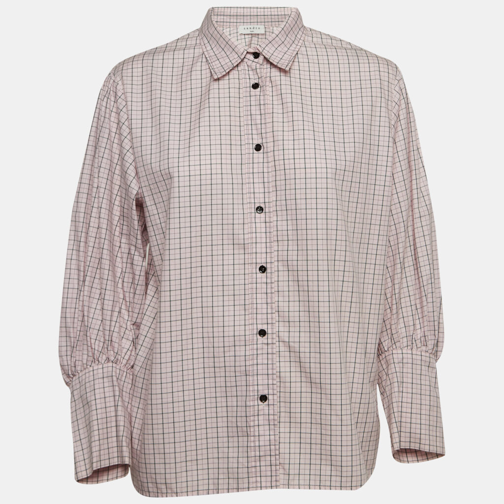 Sandro Pink Checkered Cotton Puff Sleeves Shirt L