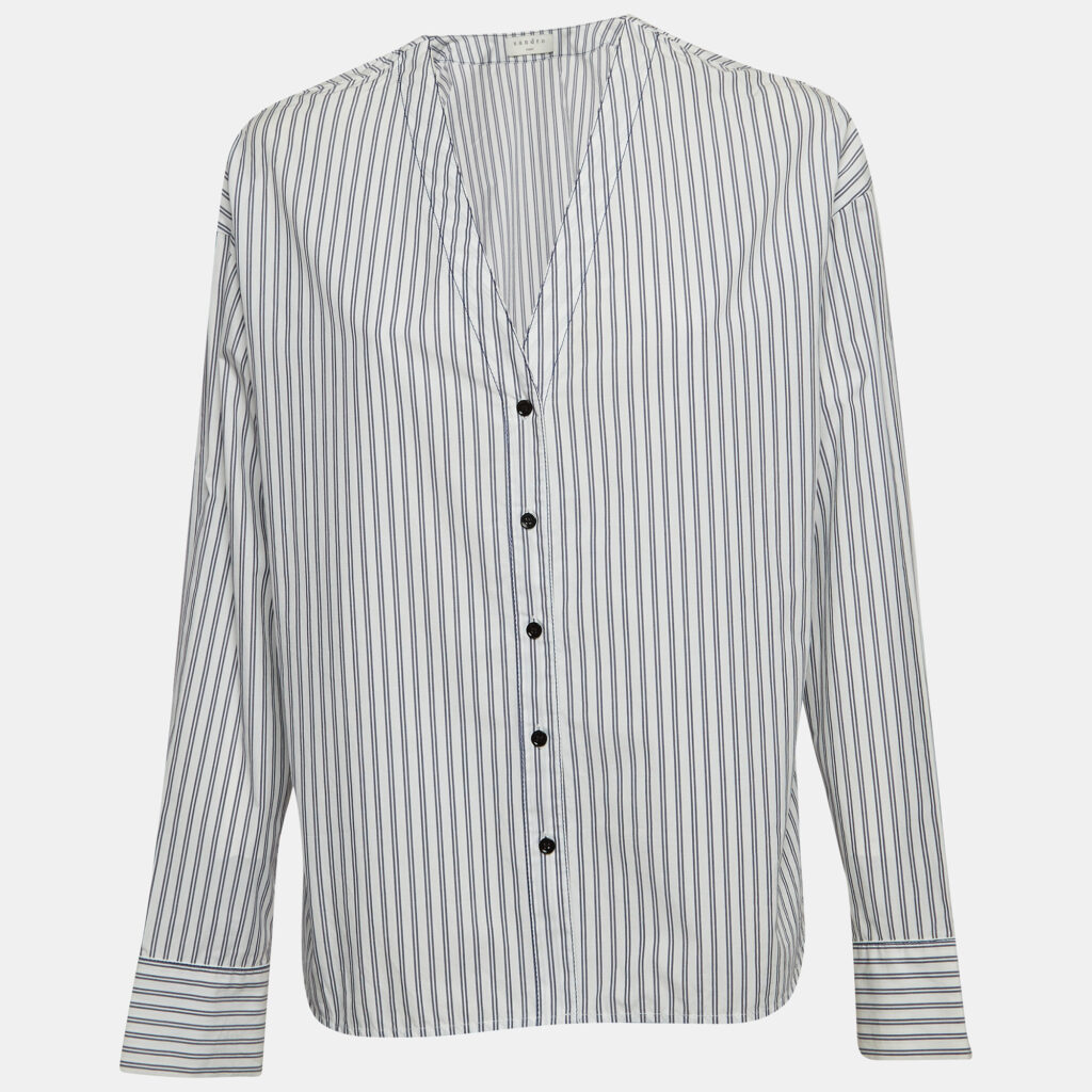 luxury-women-sandro-used-clothes-p1021204-003.jpg Sandro White Pinstripe V-Neck Top L