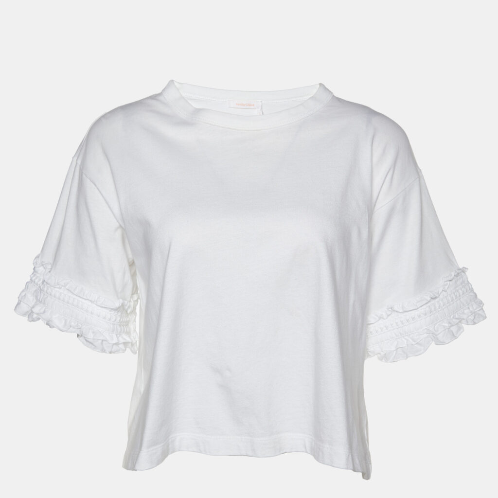 luxury-women-see-by-chloe-used-clothes-p1003302-001.jpg See by Chloe White Cotton Ruffled Sleeve Detail T-Shirt M