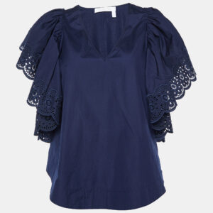 see by chloe blue cotton lace trim flared sleeves top s