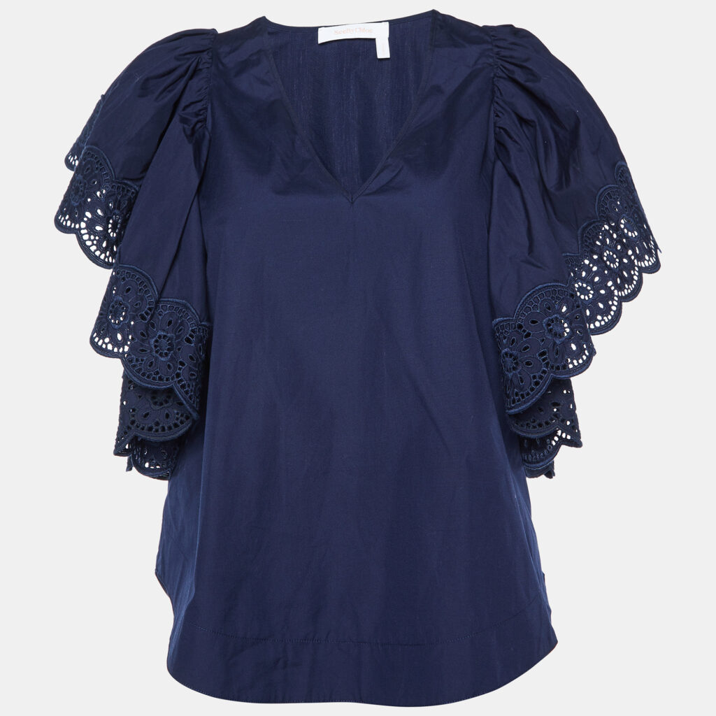 luxury-women-see-by-chloe-used-clothes-p1004472-003.jpg See by Chloe Blue Cotton Lace Trim Flared Sleeves Top S
