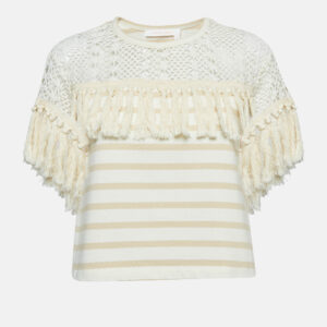 see by chloe beige crochet trim stripe cotton t-shirt xs