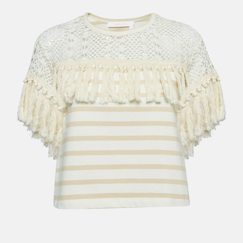 luxury-women-see-by-chloe-used-clothes-p1006624-002.jpg See by Chloe Beige Crochet Trim Stripe Cotton T-Shirt XS
