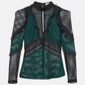 self-portrait green mesh ruffle detail top s
