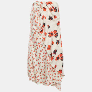 self-portrait cream floral print satin asymmetric midi skirt m