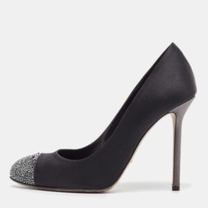 sergio rossi black/grey satin crystal embellished peep toe pumps size 38.5