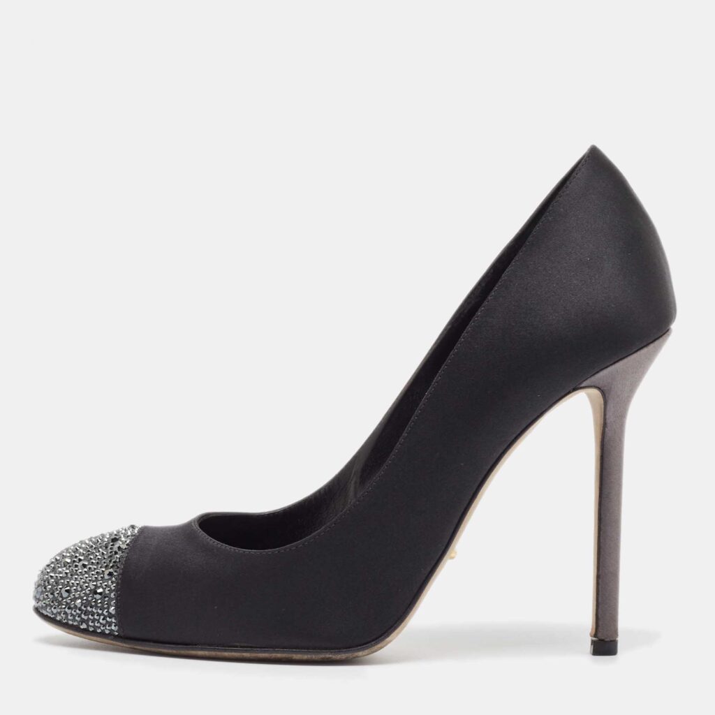 luxury-women-sergio-rossi-used-shoes-p1010602-003.jpg Sergio Rossi Black/Grey Satin Crystal Embellished Peep Toe Pumps Size 38.5