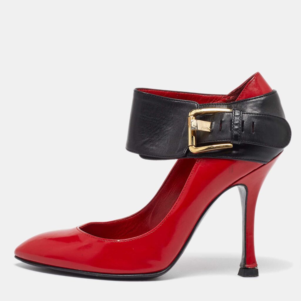 luxury-women-sergio-rossi-used-shoes-p1020361-003.jpg Sergio Rossi Red/Black Leather Buckle Ankle Cuff Pointed Toe Pumps Size 35.5