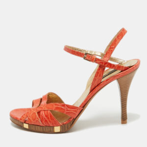 sergio rossi orange croc embossed leather ankle strap sandals size 40.5