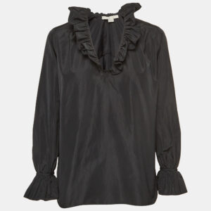 stella mccartney black silk blend crepe ruffled v neck top s