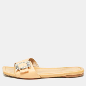 stuart weitzman light orange leather crystal embellished shine buckle flat slides size 40