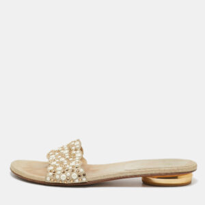 stuart weitzman beige textured suede studded thong slides size 41