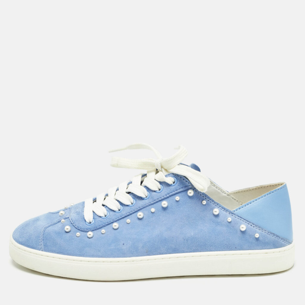 luxury-women-stuart-weitzman-used-shoes-p1012873-010.jpg Stuart Weitzman Blue Suede Pear Embellished Lace Up Sneakers Size 39.5