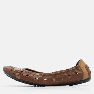 tod's brown laser cut leather scrunch ballet flats size 37.5