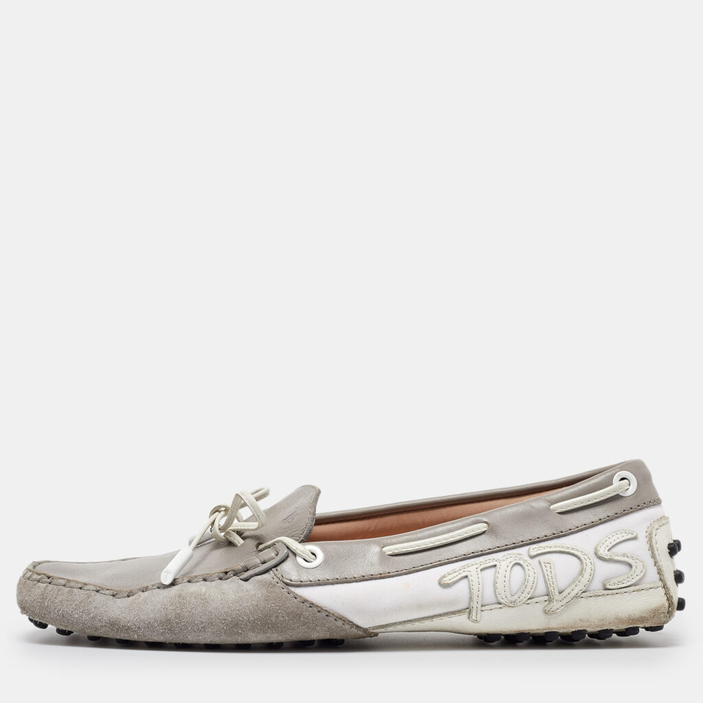 luxury-women-tods-used-shoes-p1015907-007.jpg Tod's Grey/White Suede and Leather Bow Slip On Loafers Size 38